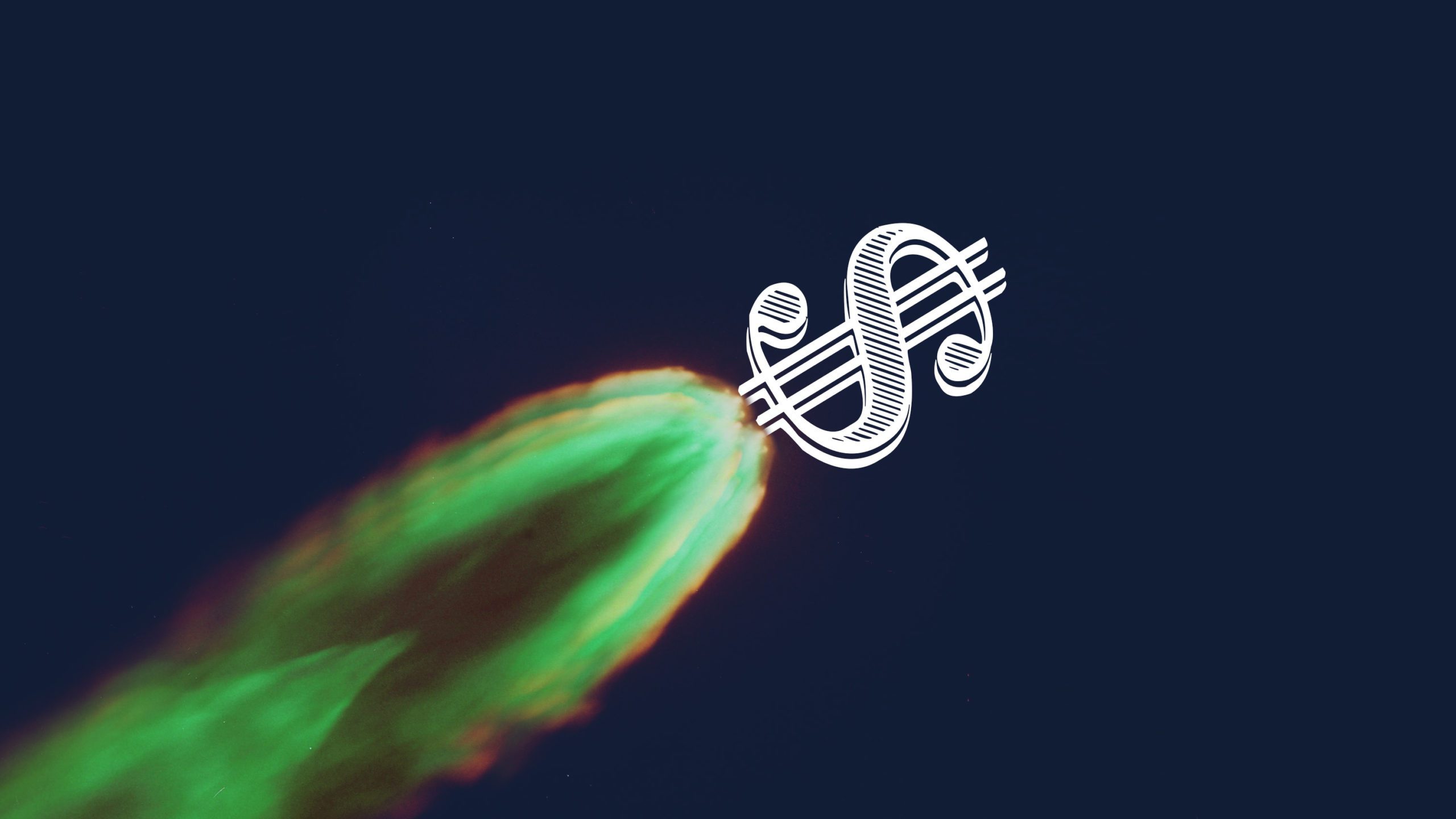 stock image of the Apollo 7 rocket in flight, but the rocket is replaced by a dollar sign and the flames are green because money