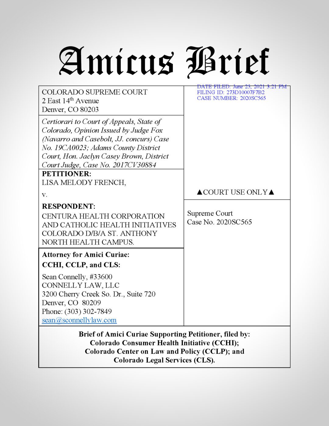 Amicus Brief: French v Centura Health
