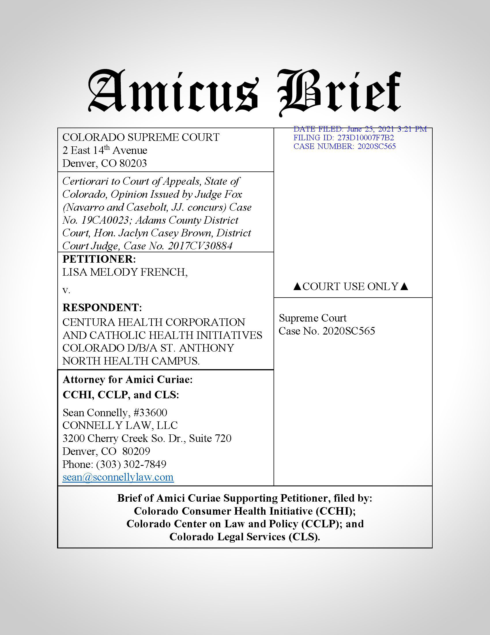 Amicus Brief cover page for French v Centura Health