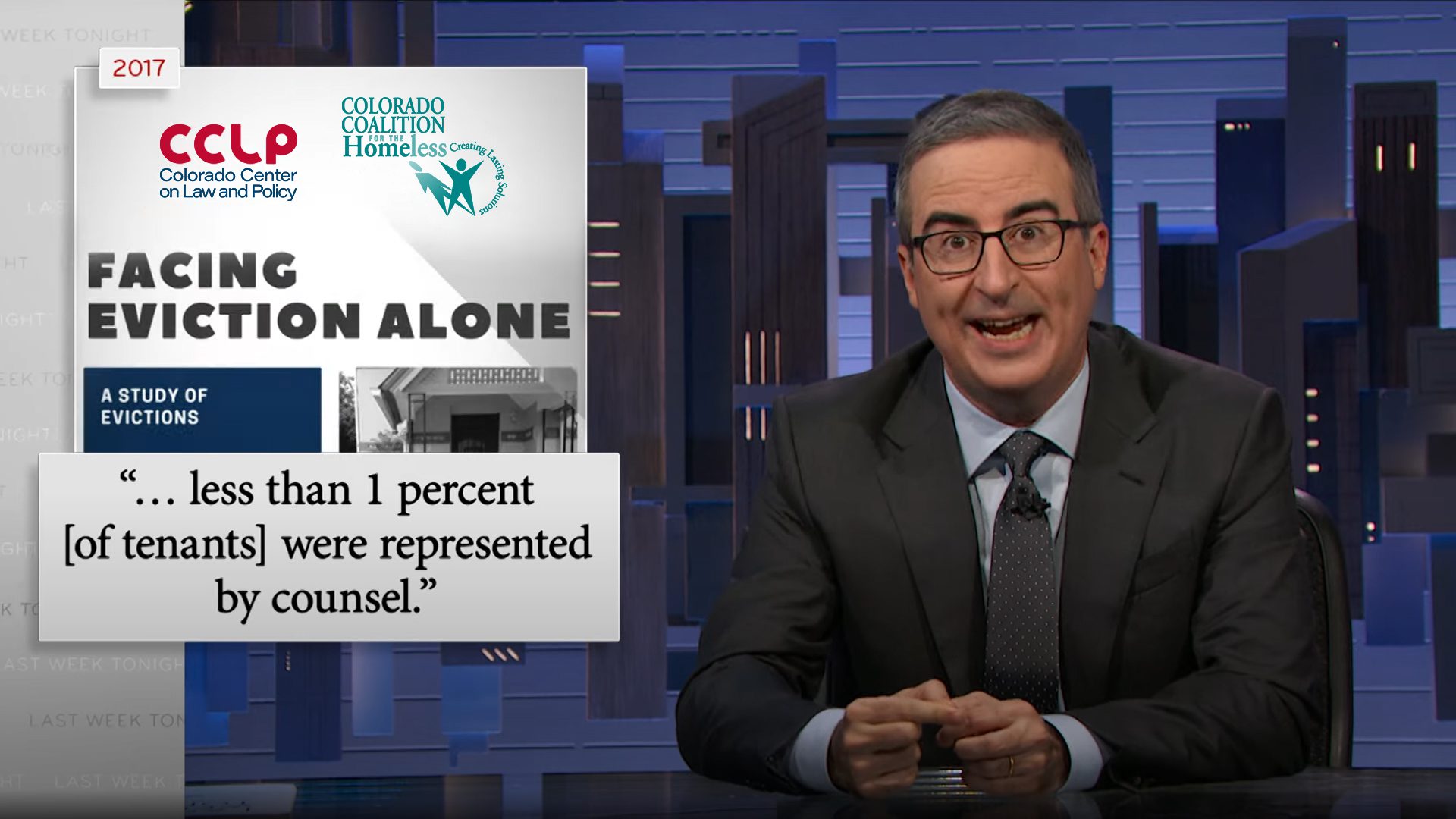 Screencapture of Last Week Tonight with John Oliver featuring CCLP and Colorado Coalition for the Homeless