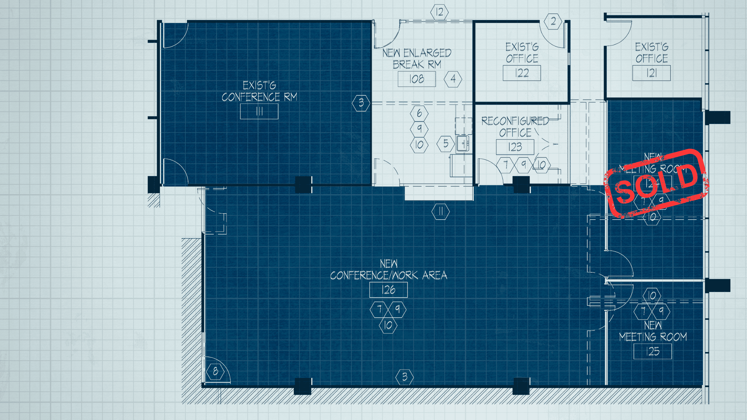 A blueprint layout of four conference rooms of varying sizes available for purchase from CCLP.