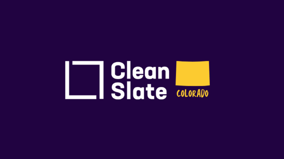 Purple background with a square image and a yellow box in the shape of Colorado; says Clean Slate in white, and Colorado in yellow.