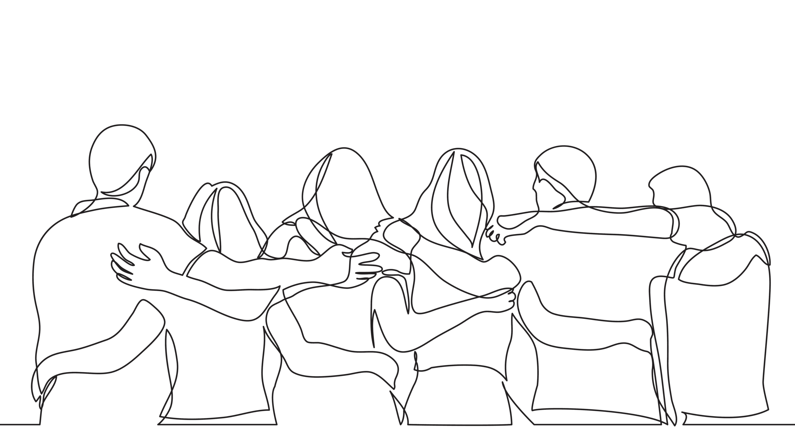 Line drawing of people putting their arms around each other in a line with the view of their backs.