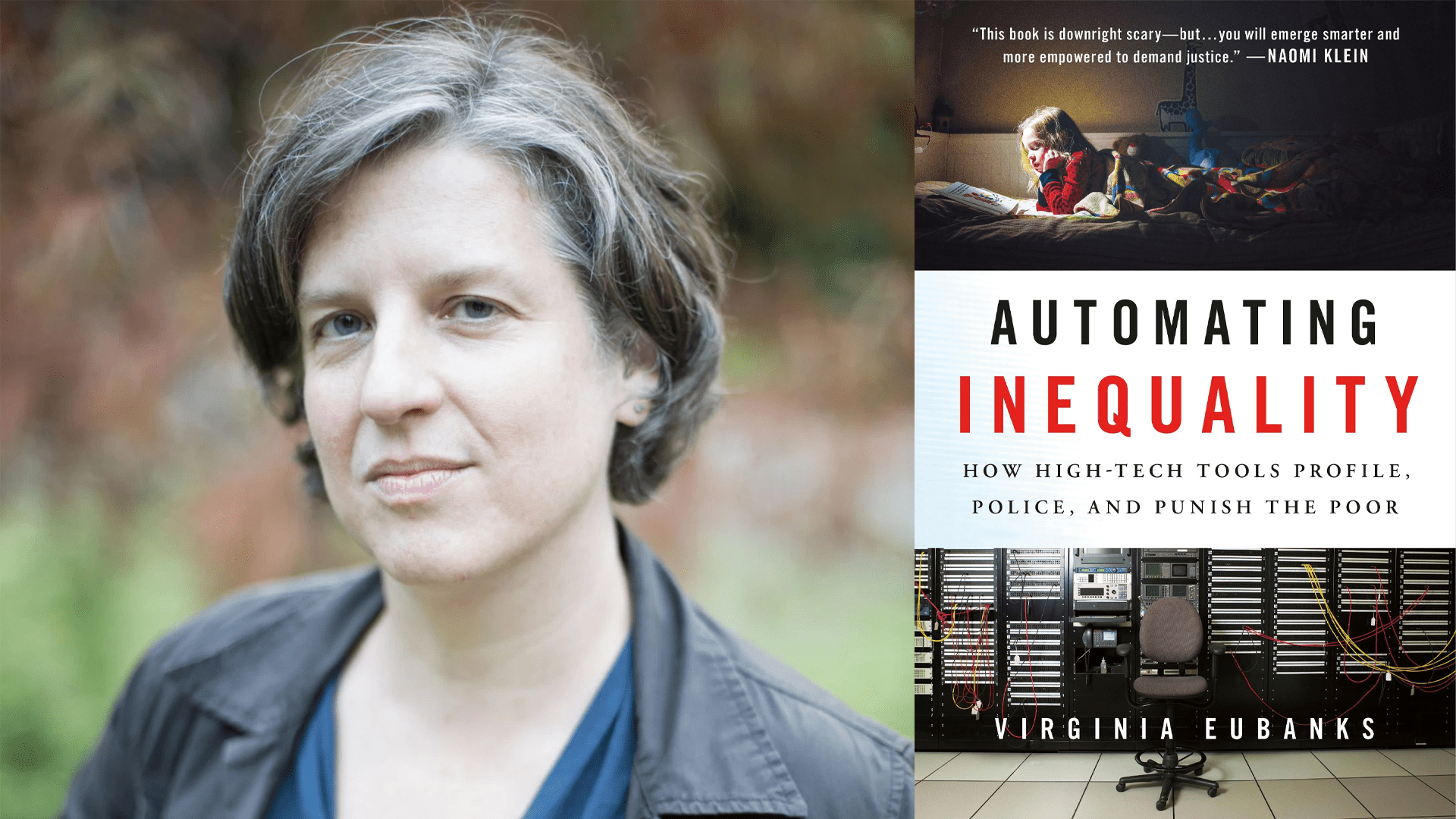 Virginia Eubanks and the cover of her book Automating Inequality