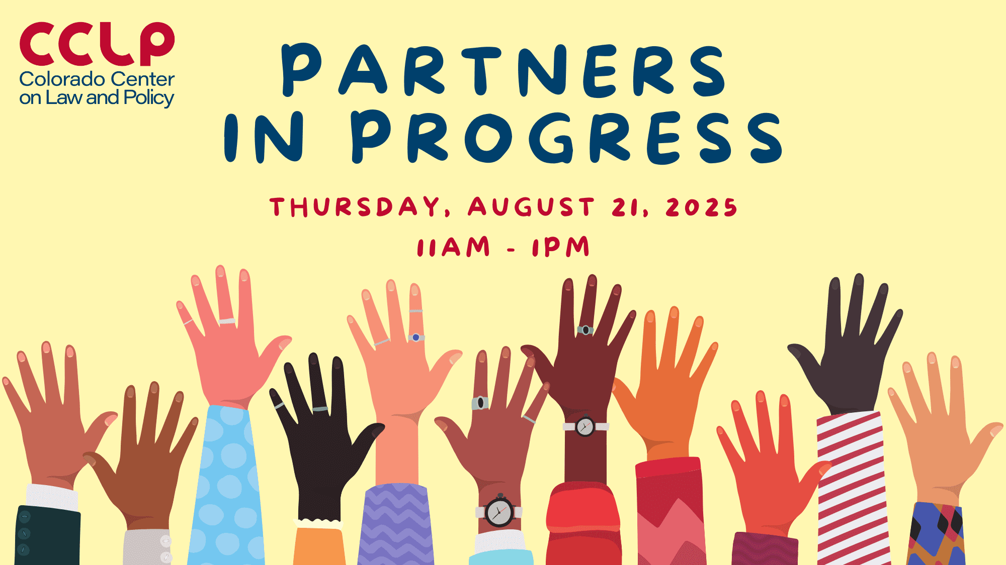 PIP event graphic - multiple raised hands with a yellow background.