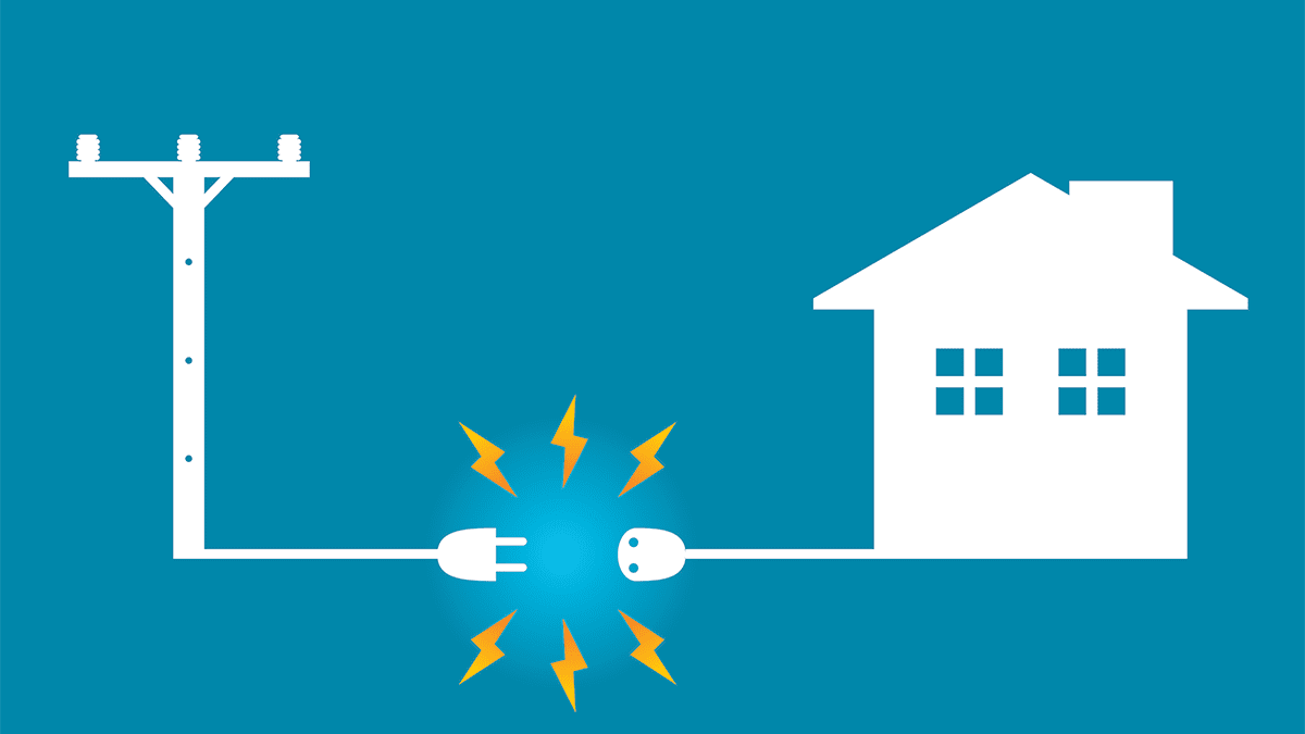 White voltage power electric pole to transmit electricity to house or home power failure outage plug and socket unplug on blue background icon flat vector design.