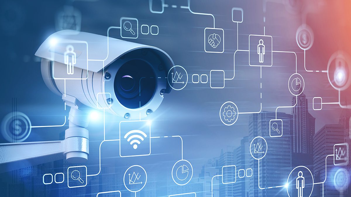 Street camera for surveillance and business icons over cityscape background. Concept of security and privacy protection. Smart city. 3d rendering toned image double exposure