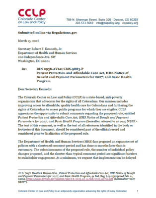 CCLP Public Comment on HHS Notice of Benefit and Payment Parameters