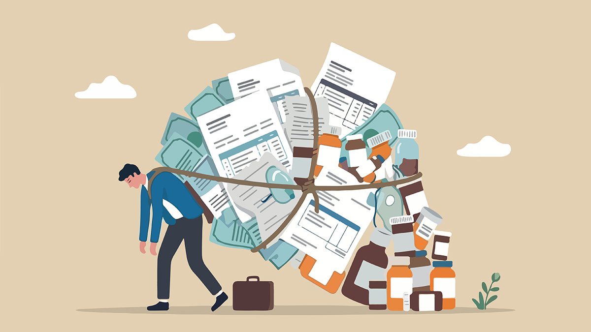 Cartoon male carrying medications, medical debt invoices, and money dragging behind him and the weight of it is starting to crush him.