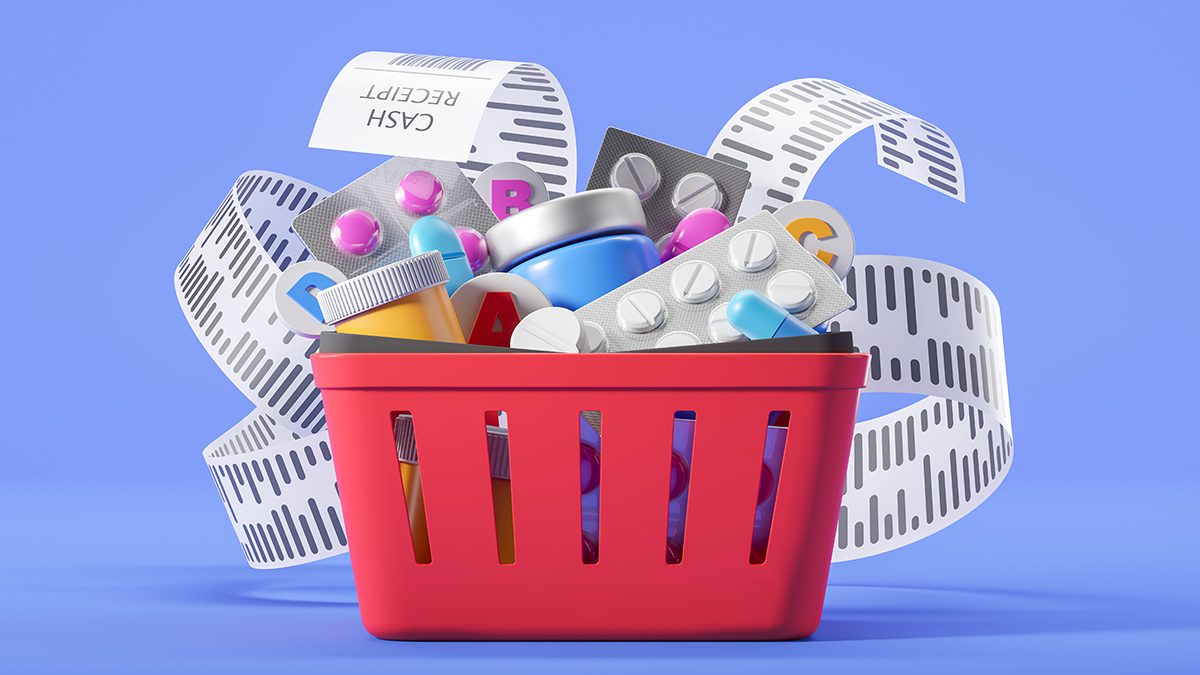 Red shopping basket with drugs and pills with vitamins, long cash receipt on blue background. Concept of healthcare and high price of medicine. 3D rendering illustration