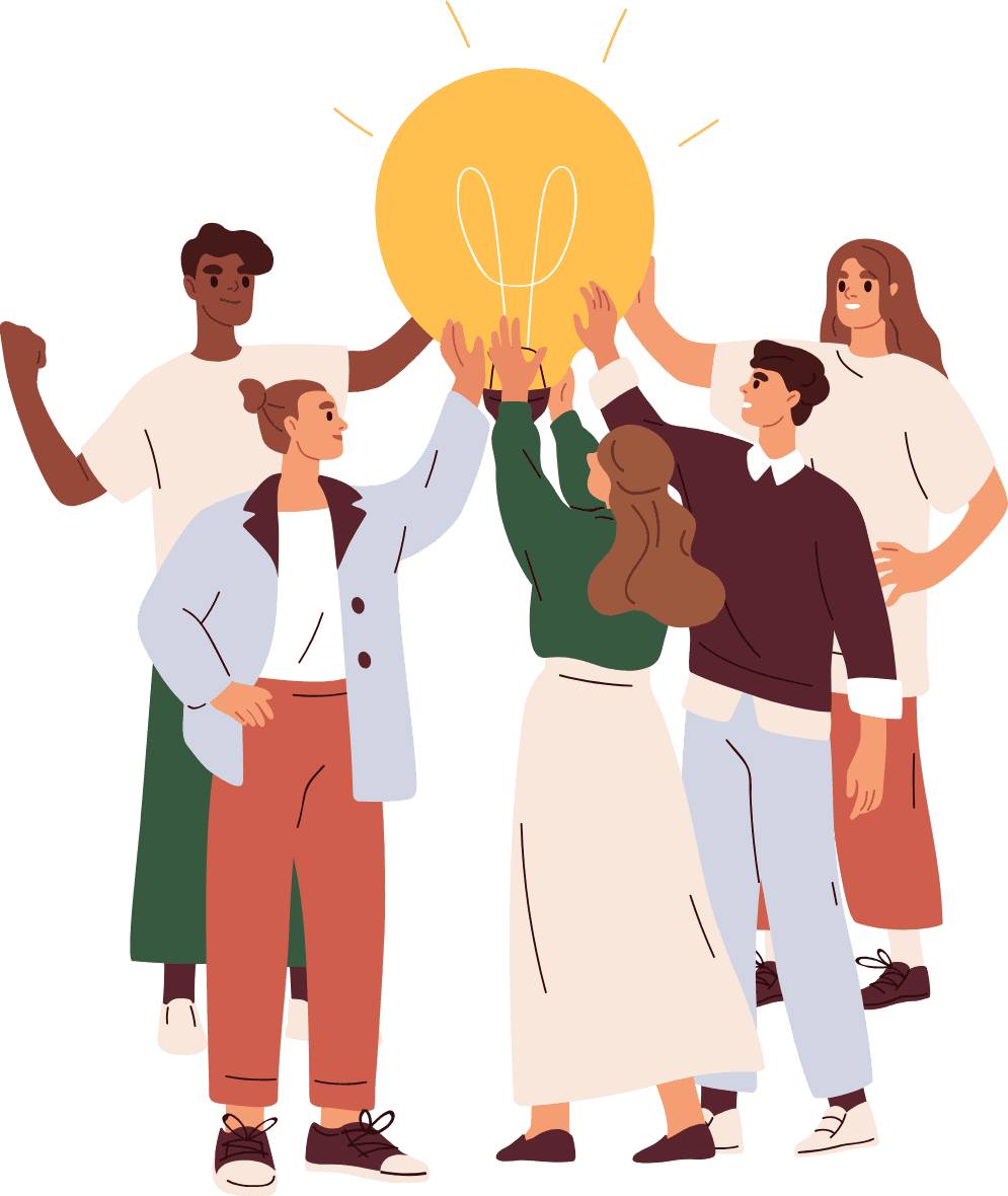 illustration of five people holding up a giant light bulb