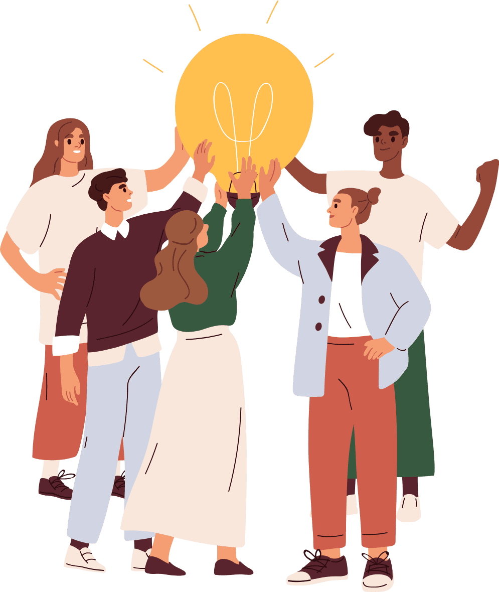 illustration of five people holding up a giant light bulb